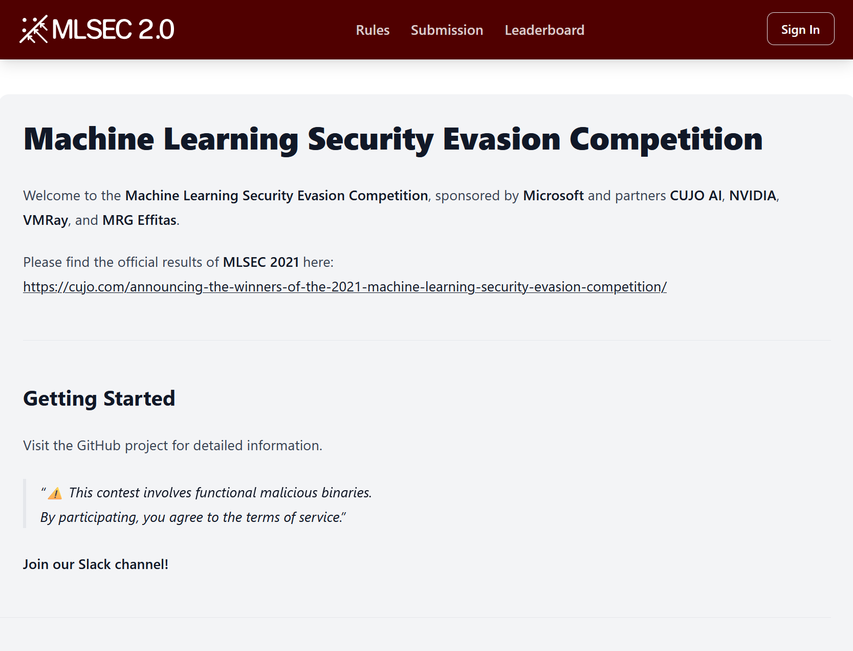 Machine Learning Security Evasion Competition 2.0 screenshot