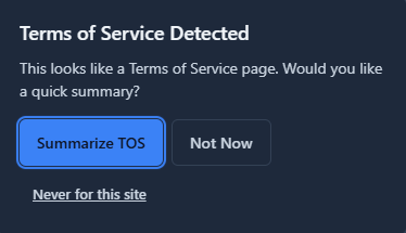 TLDR TOS Summarizing Extension screenshot